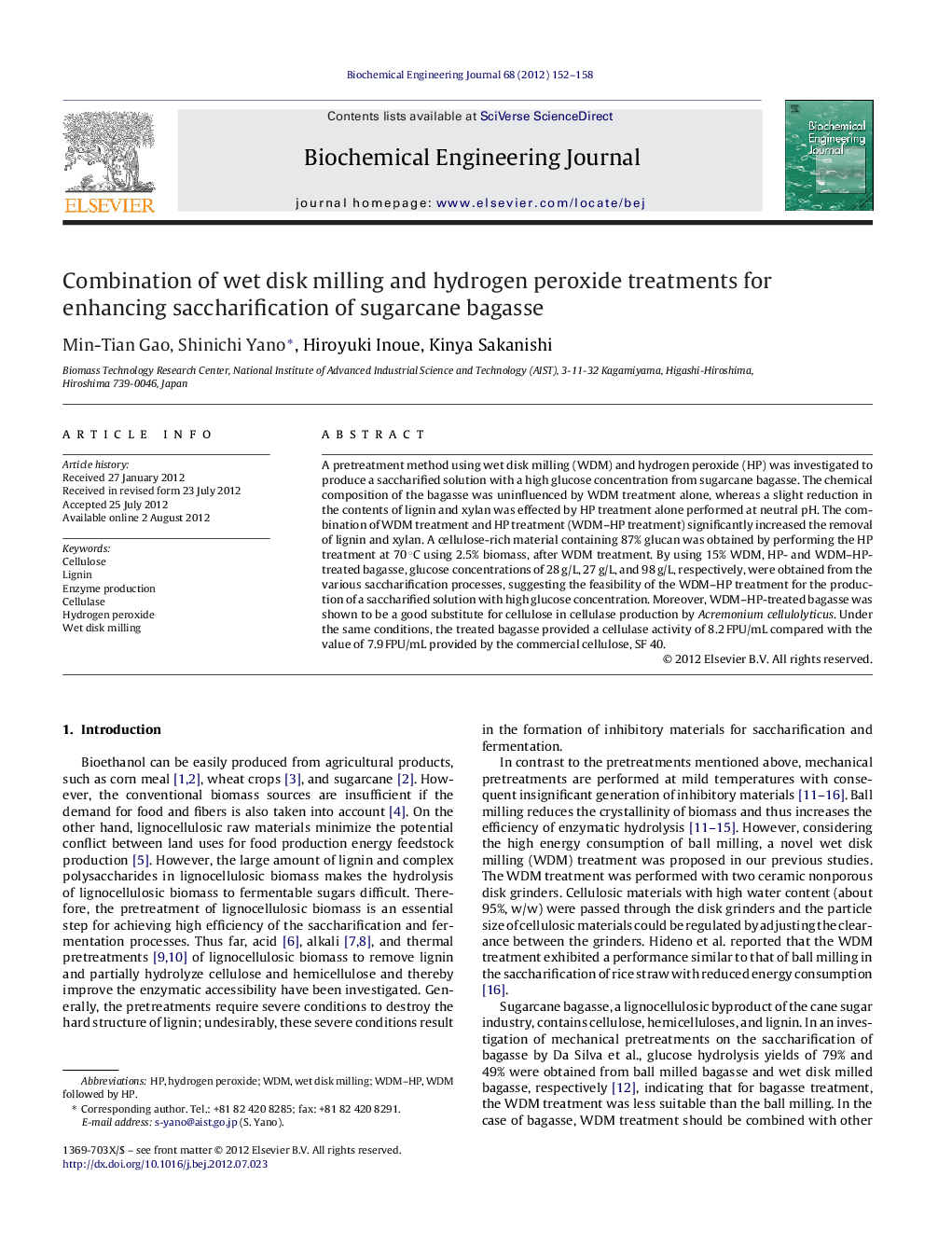 Combination of wet disk milling and hydrogen peroxide treatments for enhancing saccharification of sugarcane bagasse