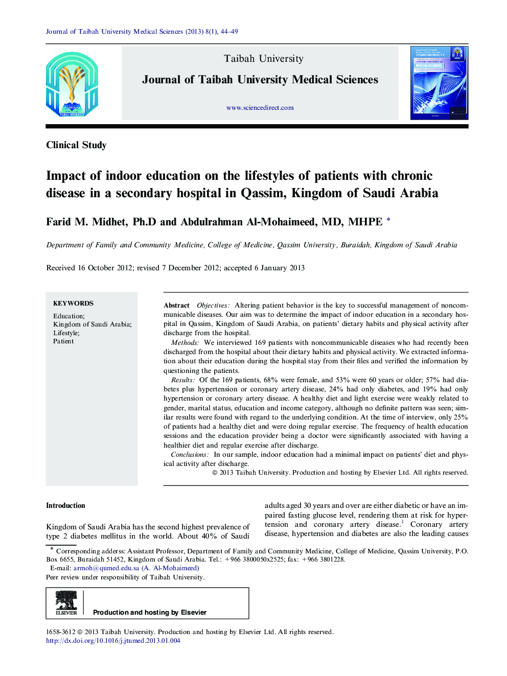 Impact of indoor education on the lifestyles of patients with chronic disease in a secondary hospital in Qassim, Kingdom of Saudi Arabia 