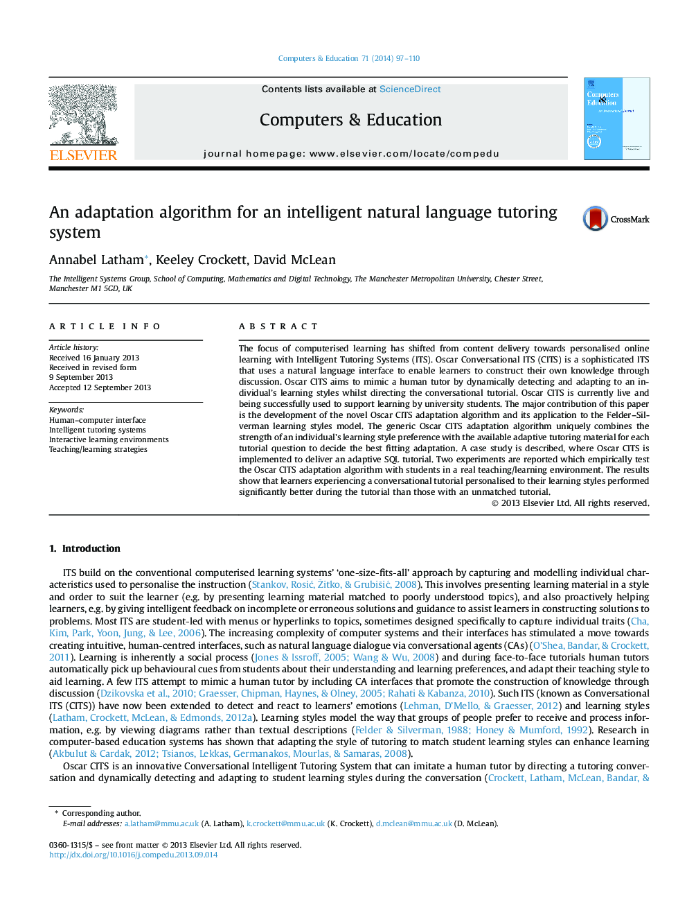 An adaptation algorithm for an intelligent natural language tutoring system
