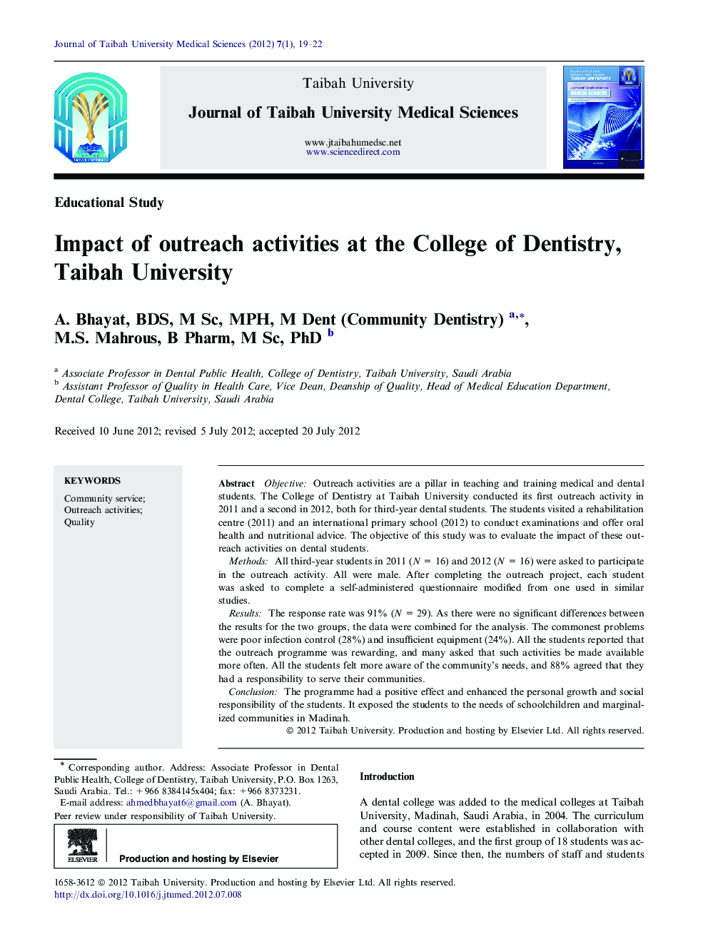 Impact of outreach activities at the College of Dentistry, Taibah University 