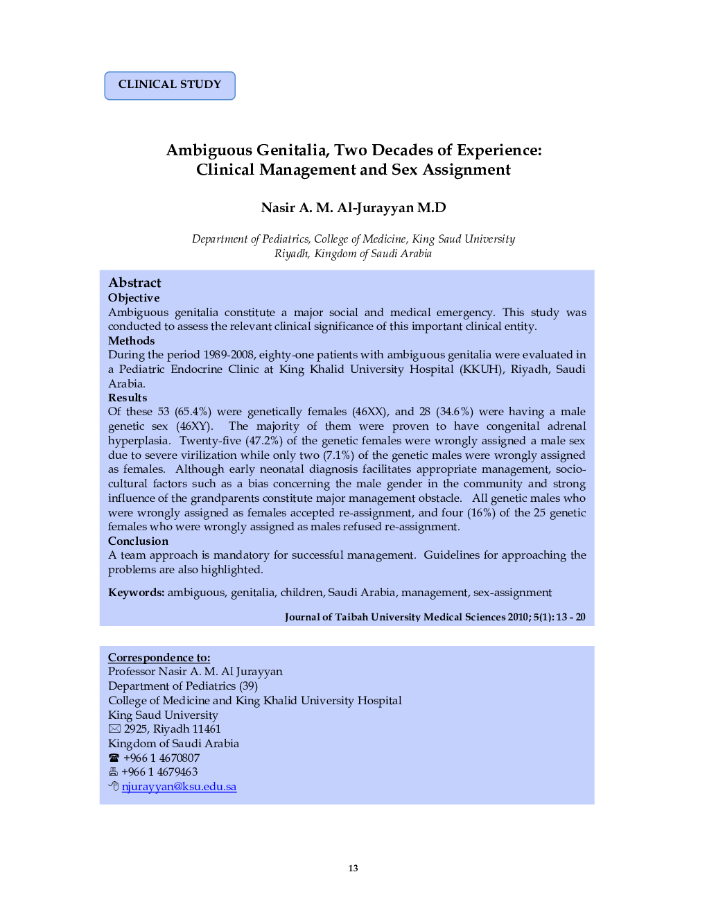 Ambiguous Genitalia, Two Decades of Experience: Clinical Management and Sex Assignment