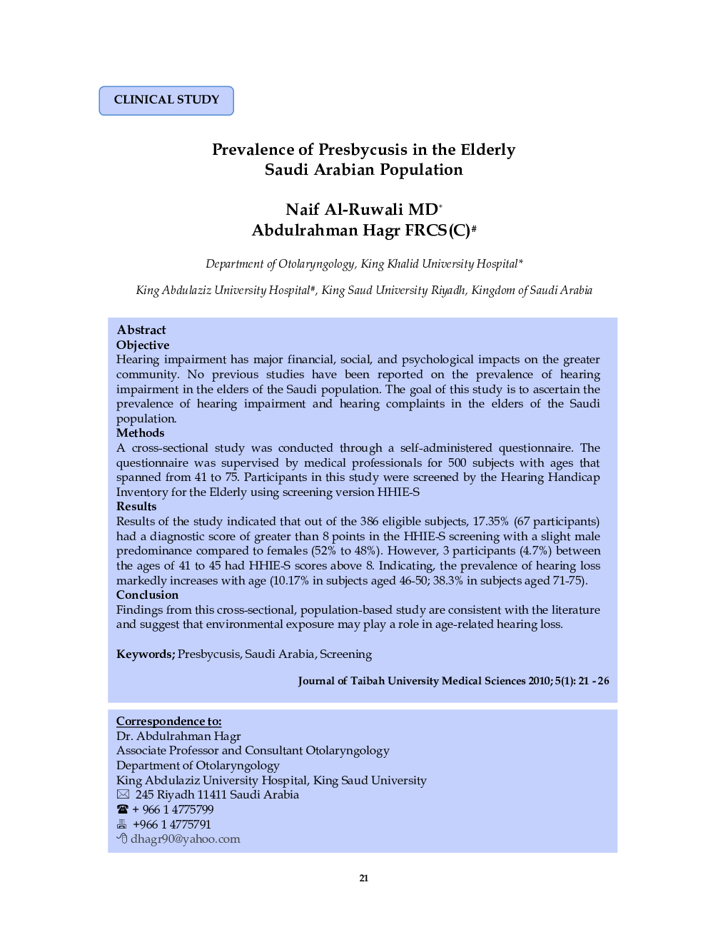 Prevalence of Presbycusis in the Elderly Saudi Arabian Population