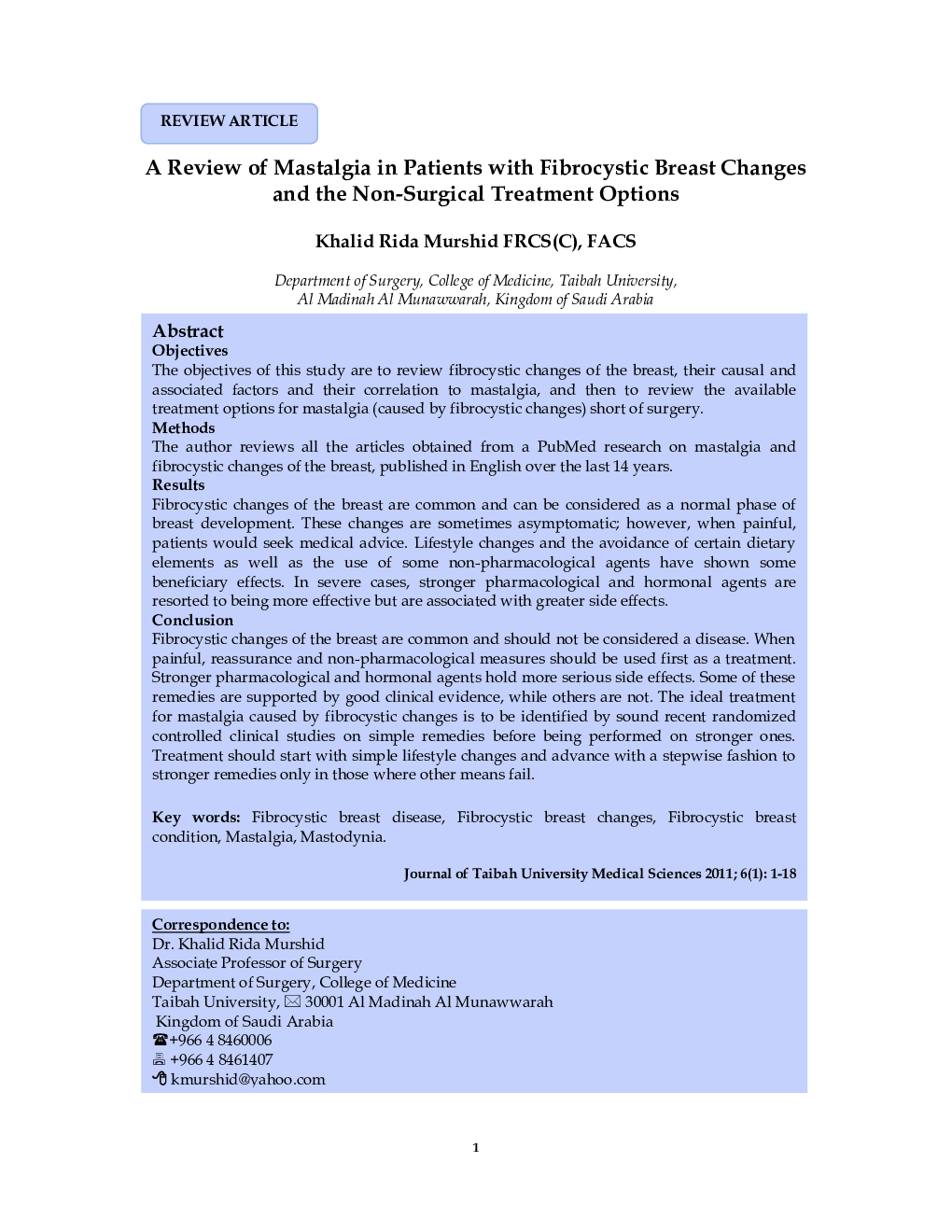 A Review of Mastalgia in Patients with Fibrocystic Breast Changes and the Non-Surgical Treatment Options