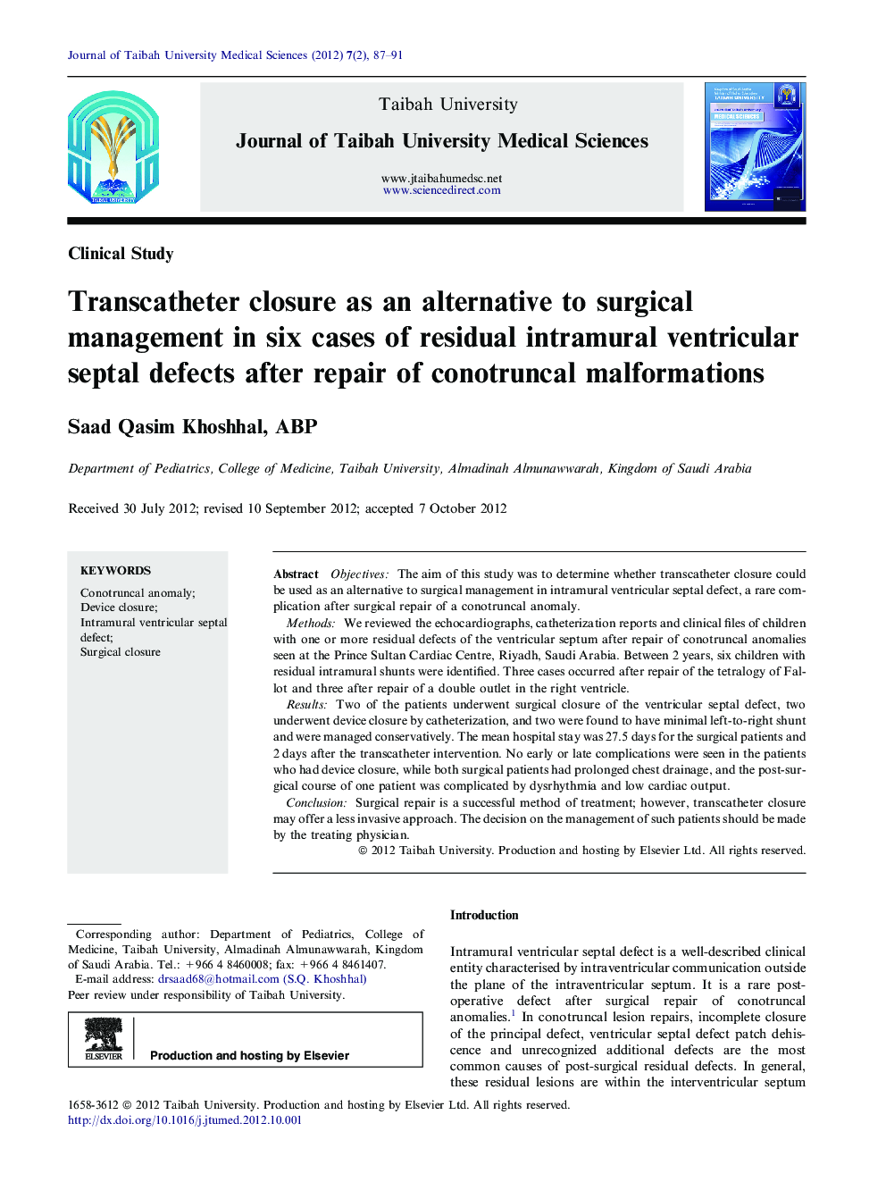 Transcatheter closure as an alternative to surgical management in six cases of residual intramural ventricular septal defects after repair of conotruncal malformations 