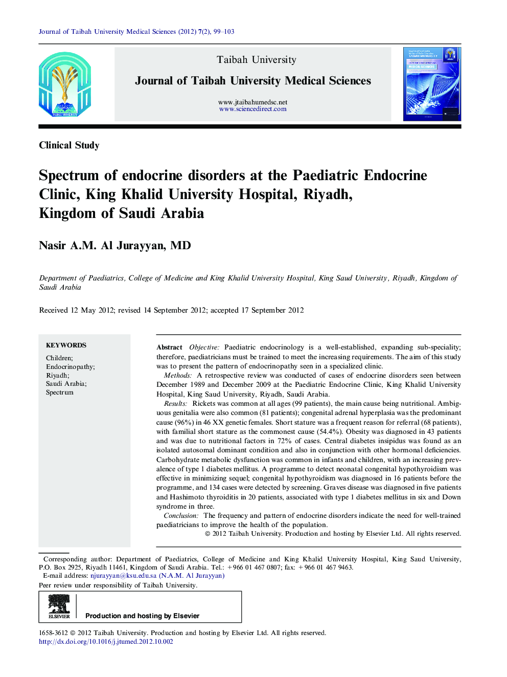 Spectrum of endocrine disorders at the Paediatric Endocrine Clinic, King Khalid University Hospital, Riyadh, Kingdom of Saudi Arabia 