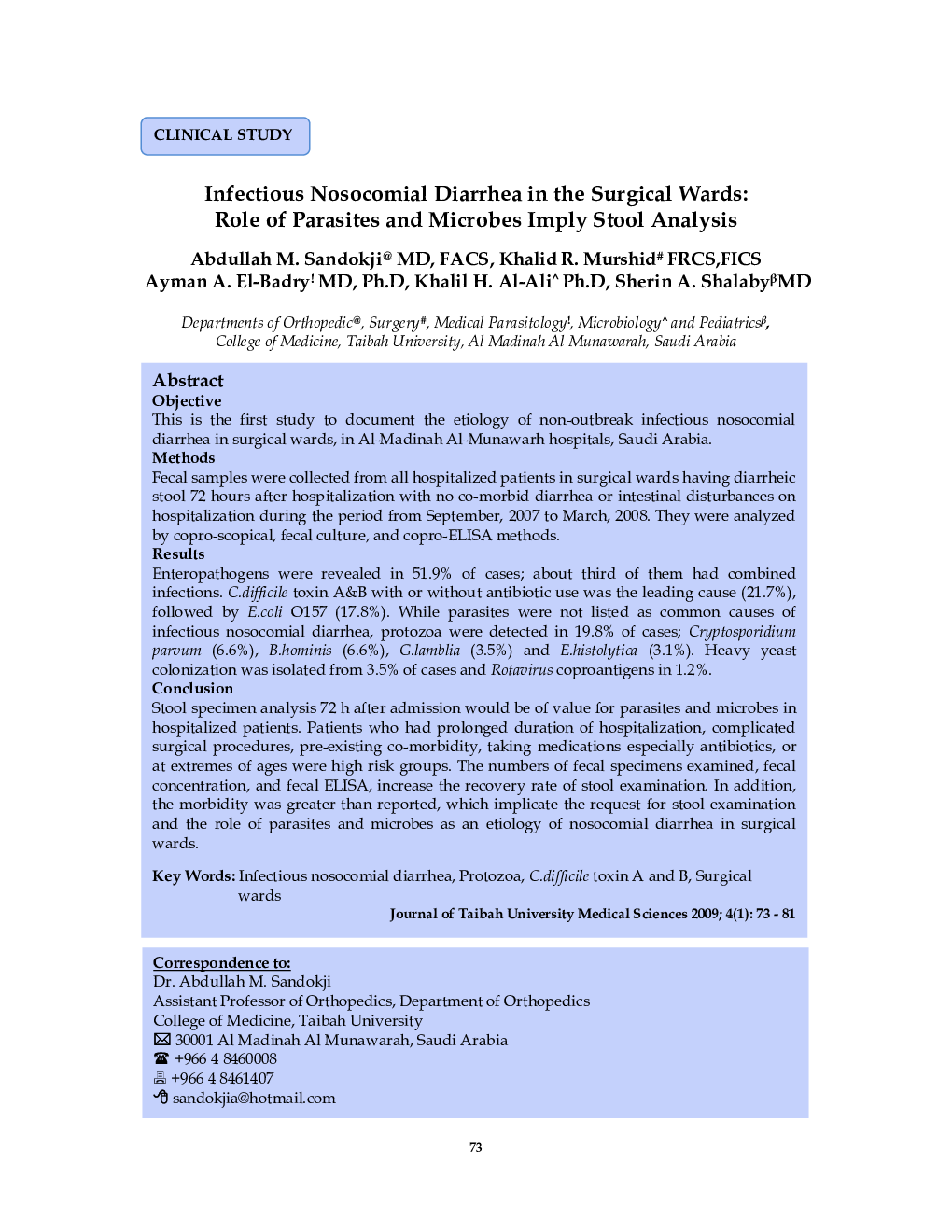عکس صفحه اول مقاله: Infectious Nosocomial Diarrhea in the Surgical Wards: Role of Parasites and Microbes Imply Stool Analysis Infectious Nosocomial Diarrhea in the Surgical Wards: Role of Parasites and Microbes Imply Stool Analysis