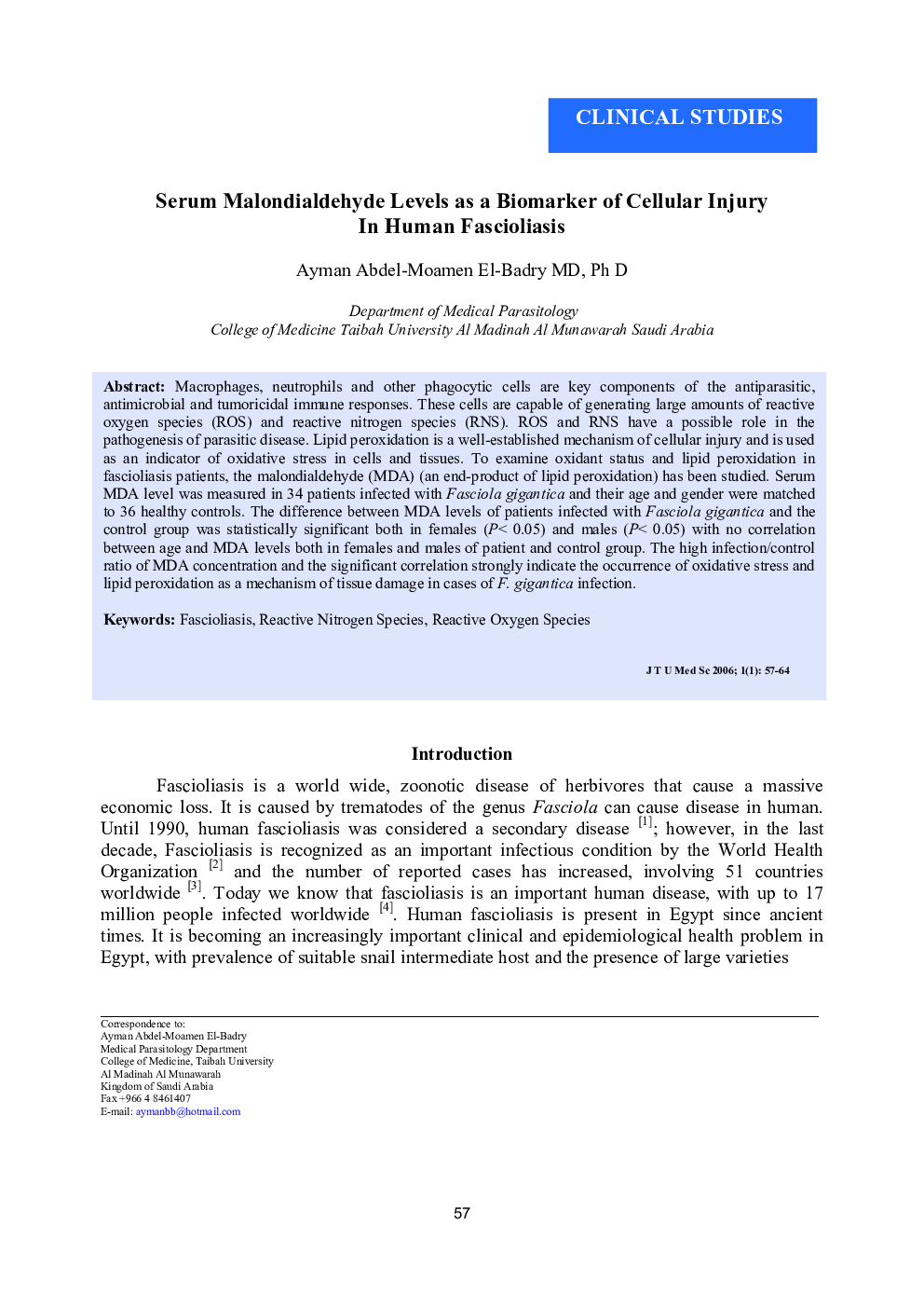 Serum Malondialdehyde Levels as a Biomarker of Cellular Injury In Human Fascioliasis