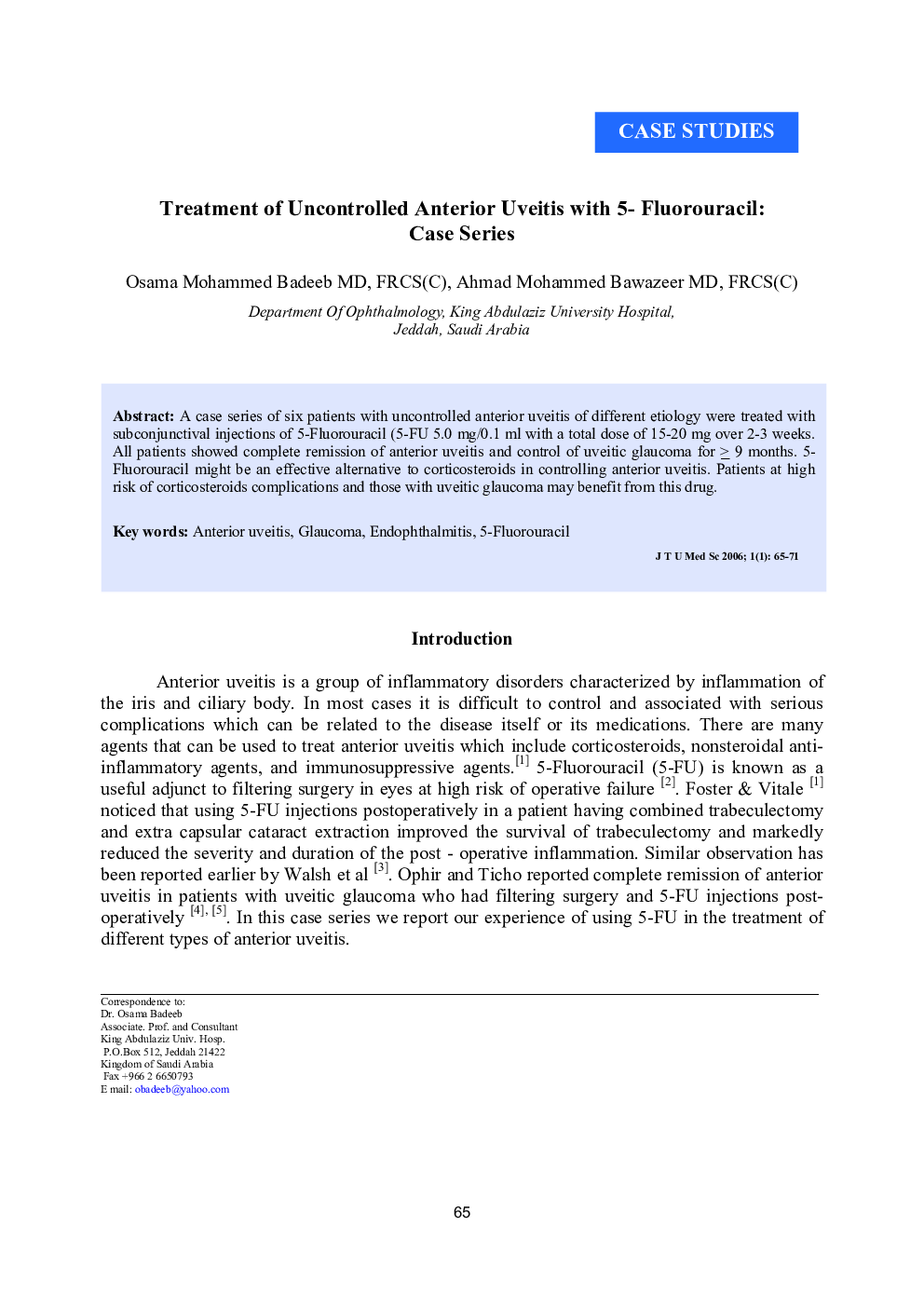 Treatment of Uncontrolled Anterior Uveitis with 5- Fluorouracil: Case Series