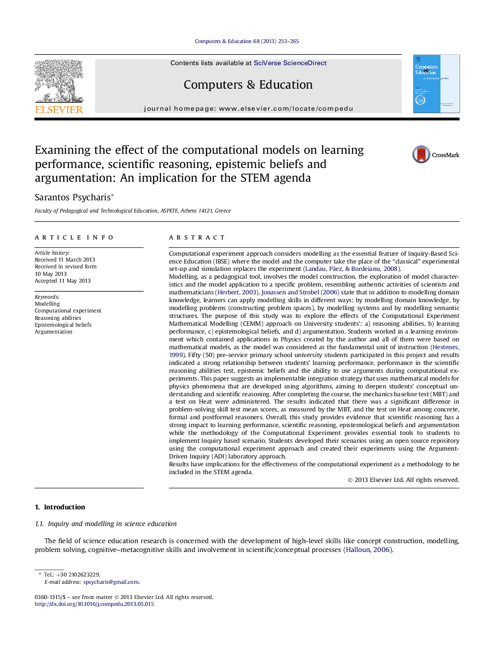 Examining the effect of the computational models on learning performance, scientific reasoning, epistemic beliefs and argumentation: An implication for the STEM agenda