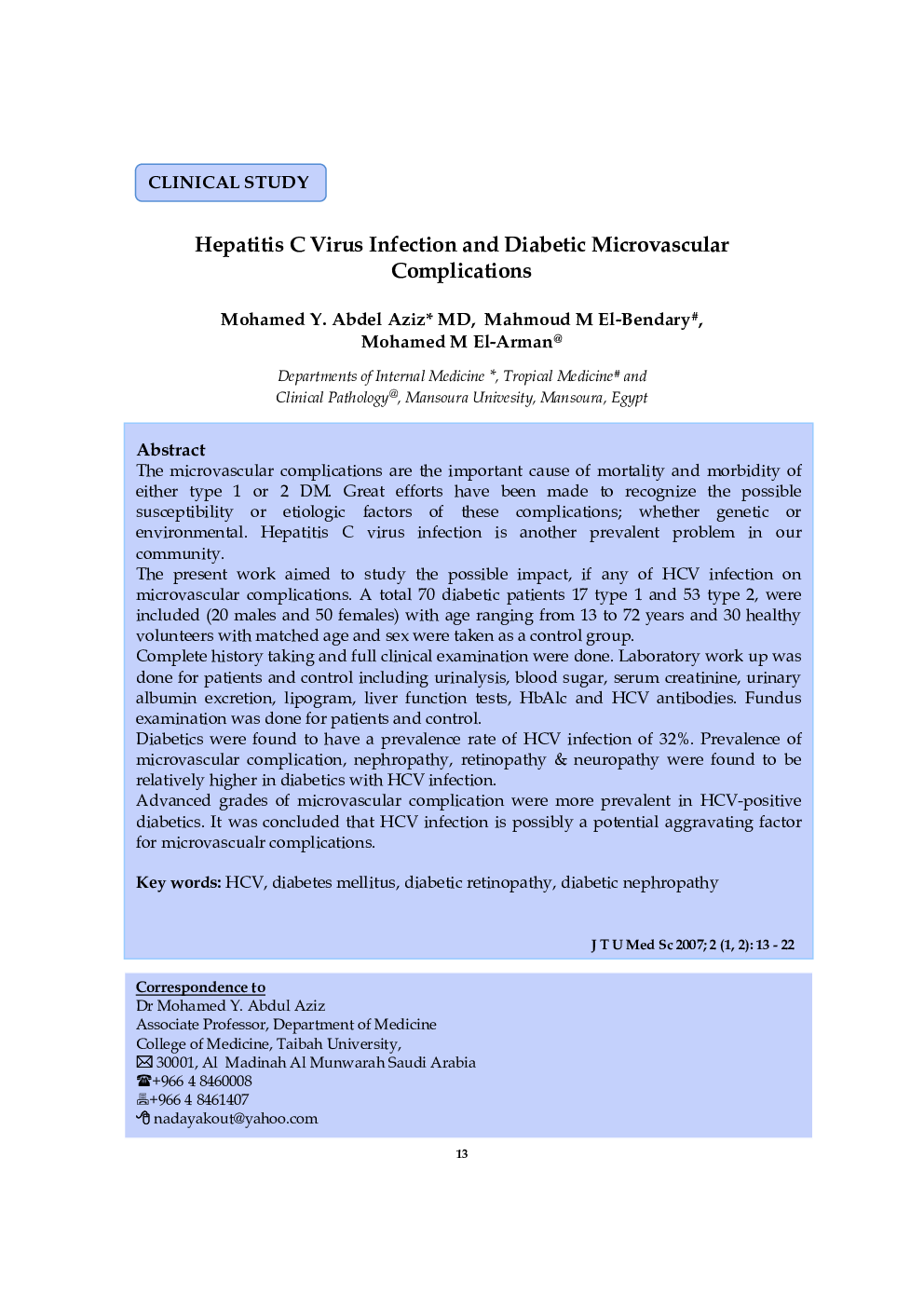 Hepatitis C Virus Infection and Diabetic Microvascular Complications