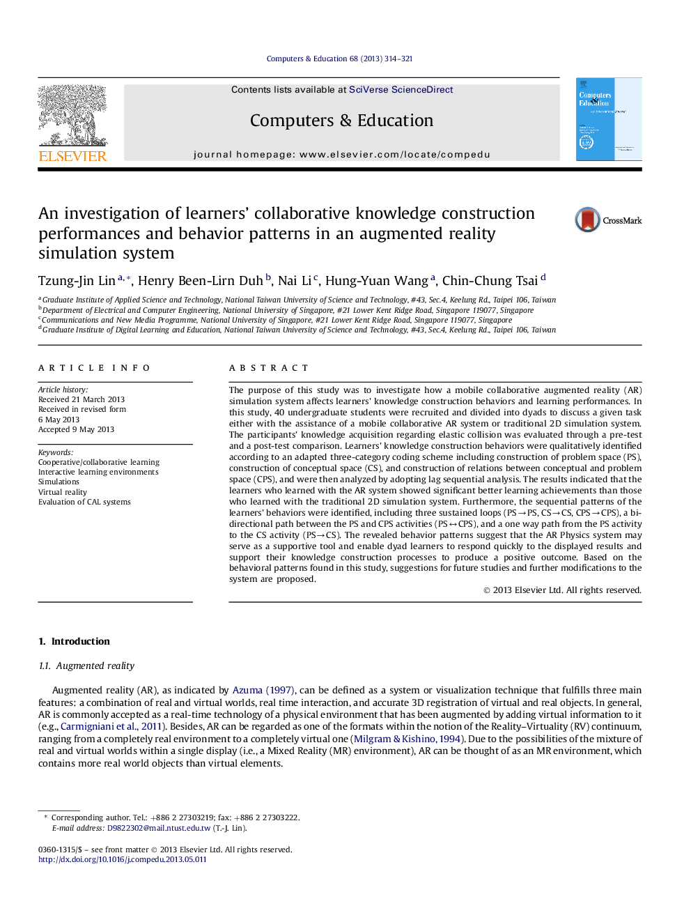 An investigation of learners' collaborative knowledge construction performances and behavior patterns in an augmented reality simulation system