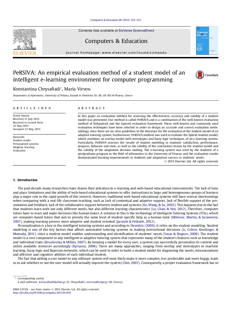 PeRSIVA: An empirical evaluation method of a student model of an intelligent e-learning environment for computer programming