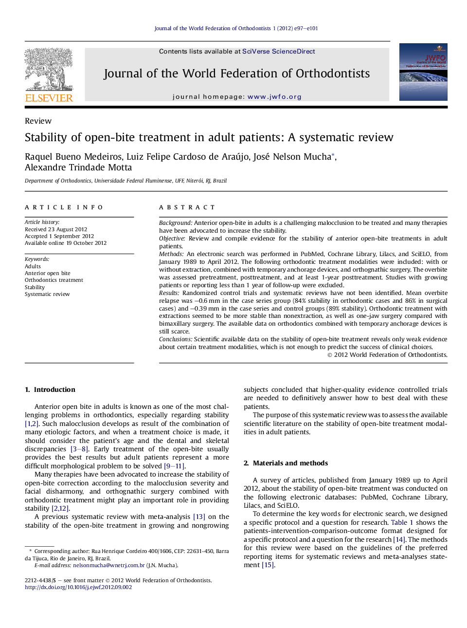 Stability of open-bite treatment in adult patients: A systematic review