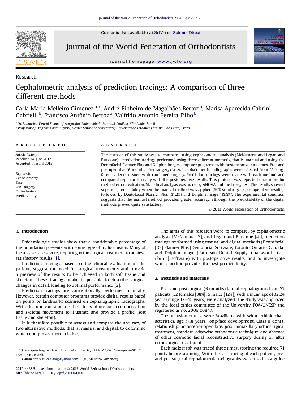 Cephalometric analysis of prediction tracings: A comparison of three different methods