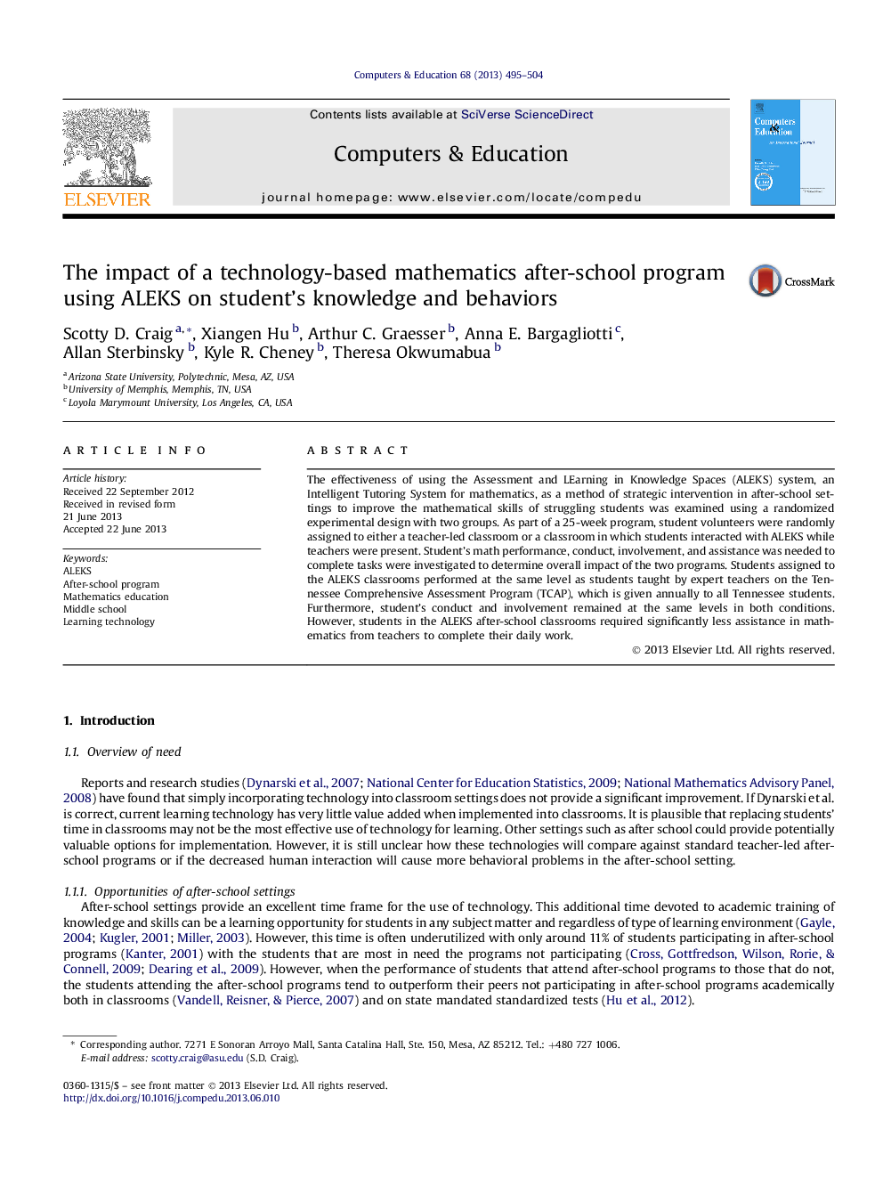 The impact of a technology-based mathematics after-school program using ALEKS on student's knowledge and behaviors