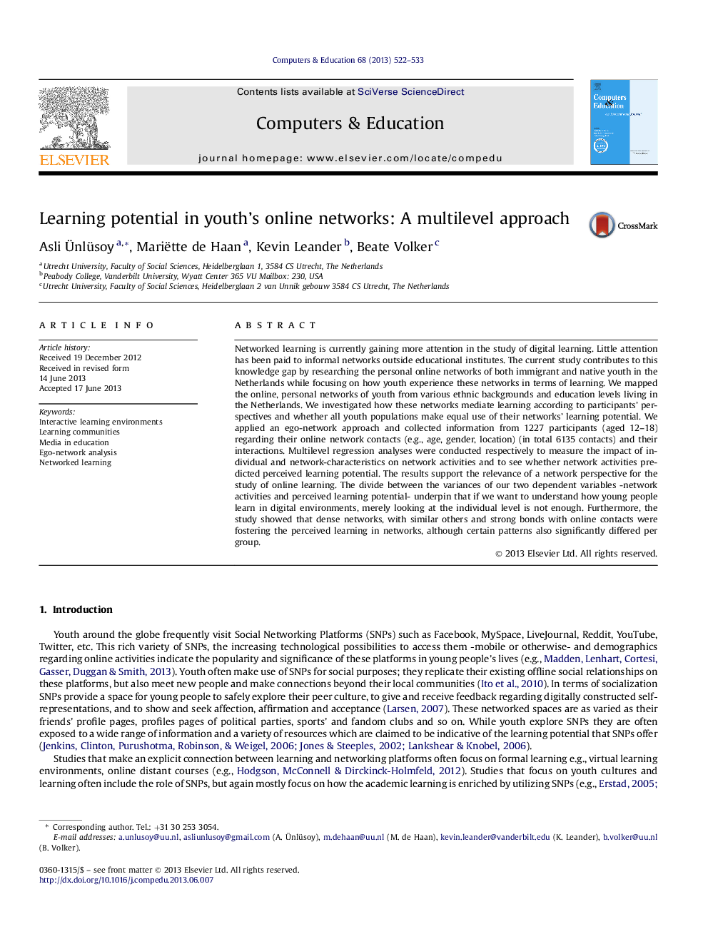 Learning potential in youth's online networks: A multilevel approach