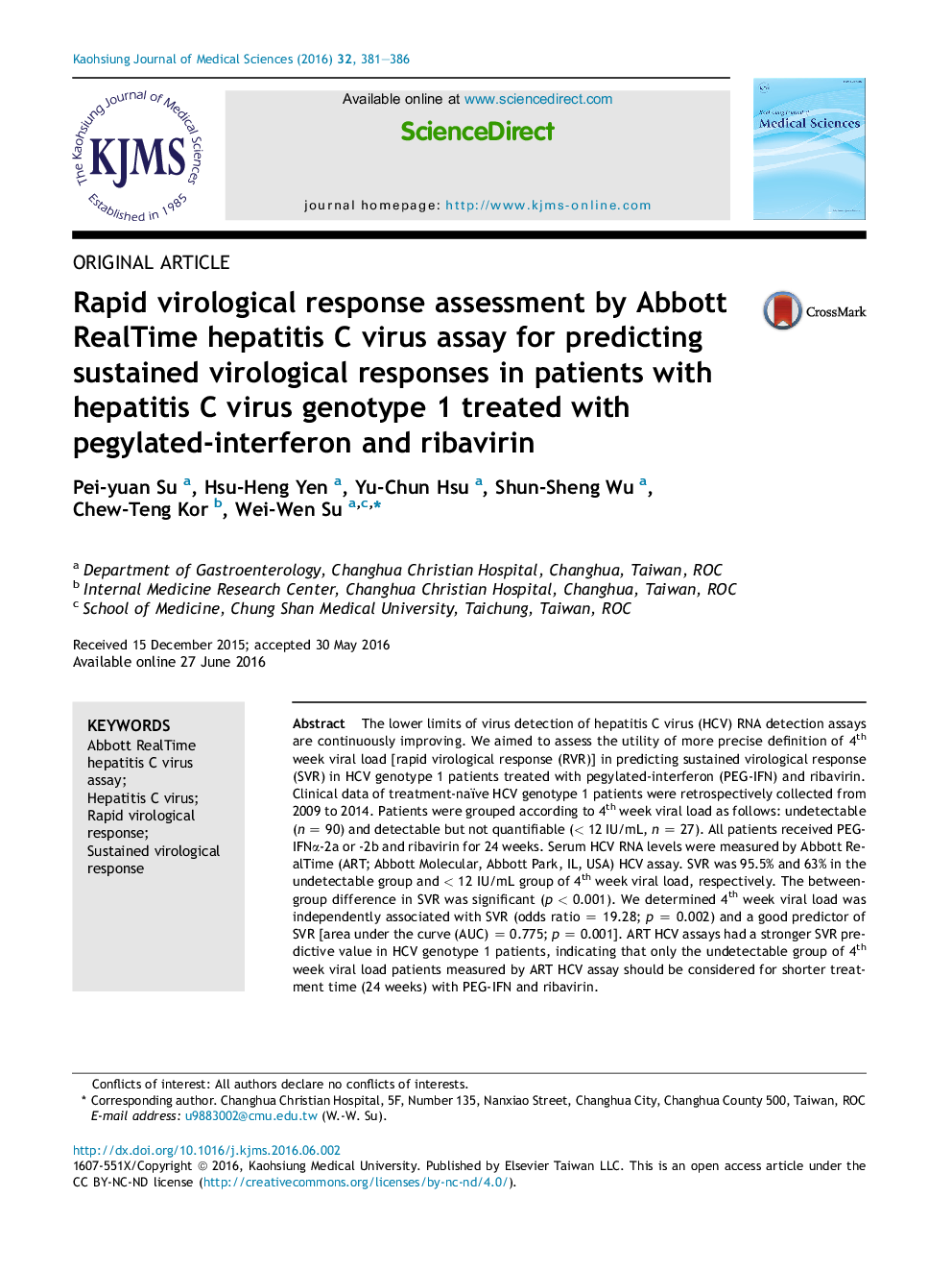 Rapid virological response assessment by Abbott RealTime hepatitis C virus assay for predicting sustained virological responses in patients with hepatitis C virus genotype 1 treated with pegylated-interferon and ribavirin 