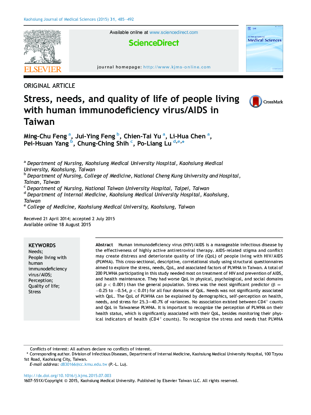 Stress, needs, and quality of life of people living with human immunodeficiency virus/AIDS in Taiwan 