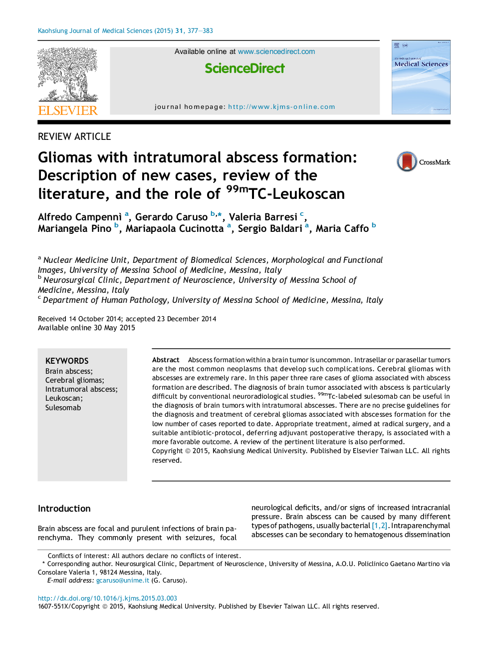 Gliomas with intratumoral abscess formation: Description of new cases, review of the literature, and the role of 99mTC-Leukoscan 