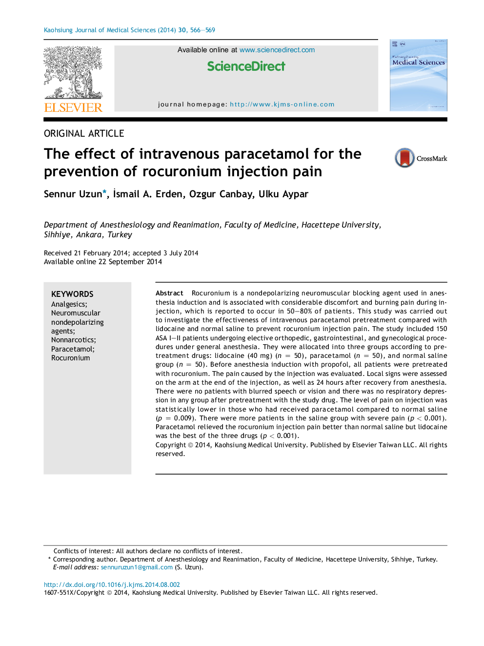 The effect of intravenous paracetamol for the prevention of rocuronium injection pain 