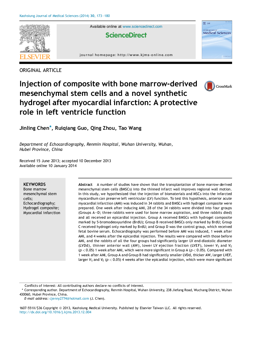 Injection of composite with bone marrow-derived mesenchymal stem cells and a novel synthetic hydrogel after myocardial infarction: A protective role in left ventricle function 