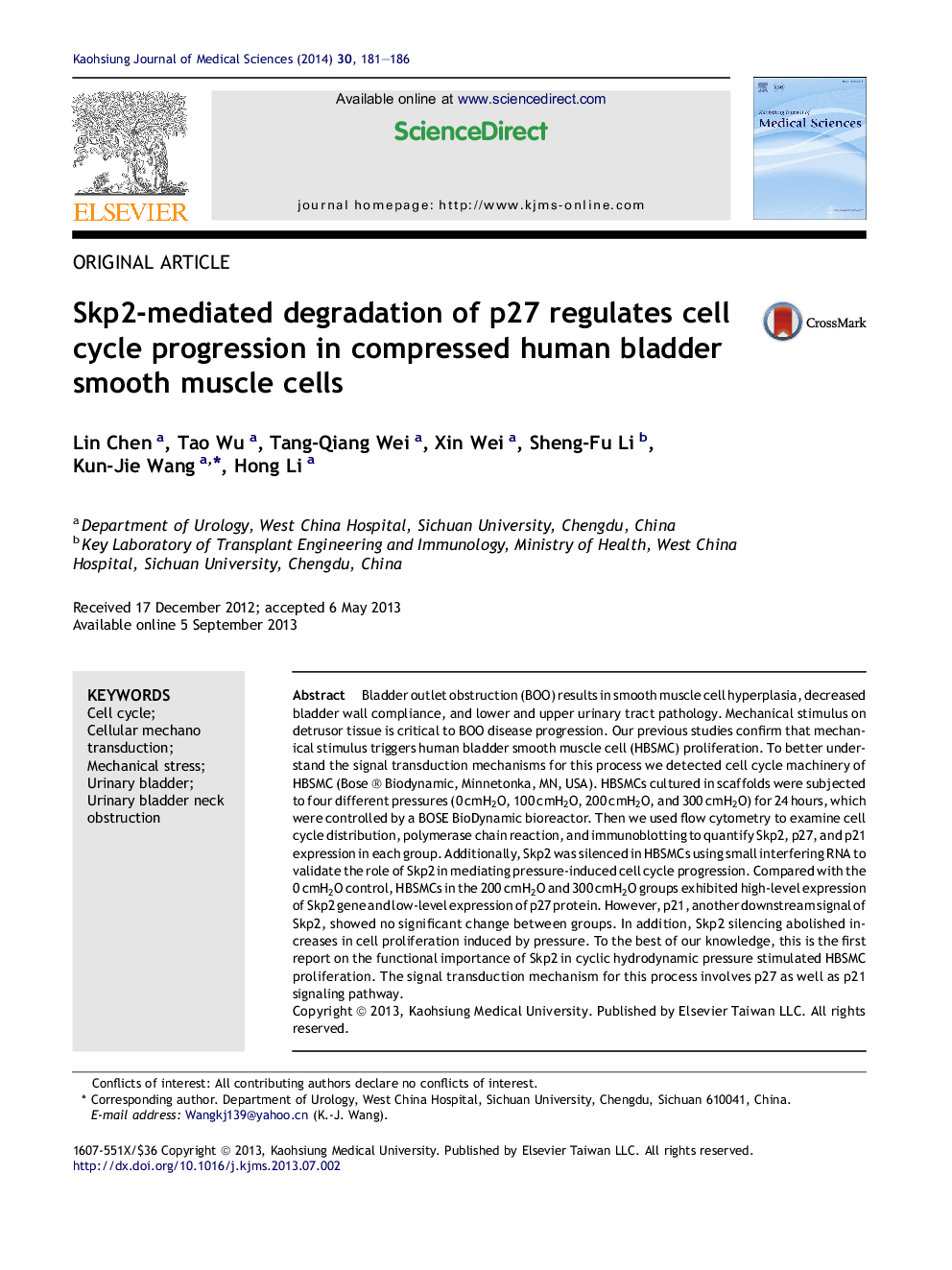 Skp2-mediated degradation of p27 regulates cell cycle progression in compressed human bladder smooth muscle cells 