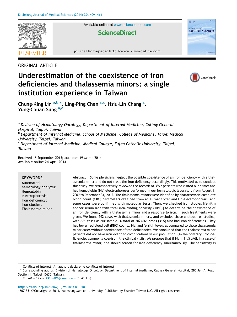 Underestimation of the coexistence of iron deficiencies and thalassemia minors: a single institution experience in Taiwan 