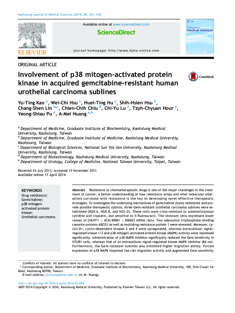 Involvement of p38 mitogen-activated protein kinase in acquired gemcitabine-resistant human urothelial carcinoma sublines 