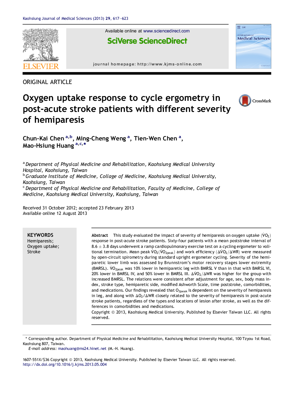 Oxygen uptake response to cycle ergometry in post-acute stroke patients with different severity of hemiparesis