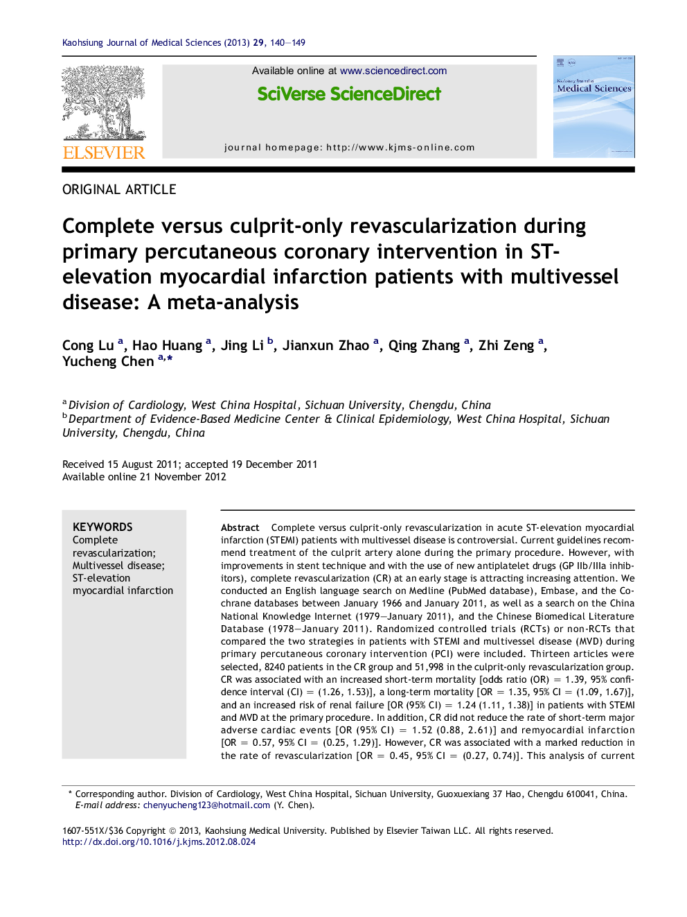 Complete versus culprit-only revascularization during primary percutaneous coronary intervention in ST-elevation myocardial infarction patients with multivessel disease: A meta-analysis