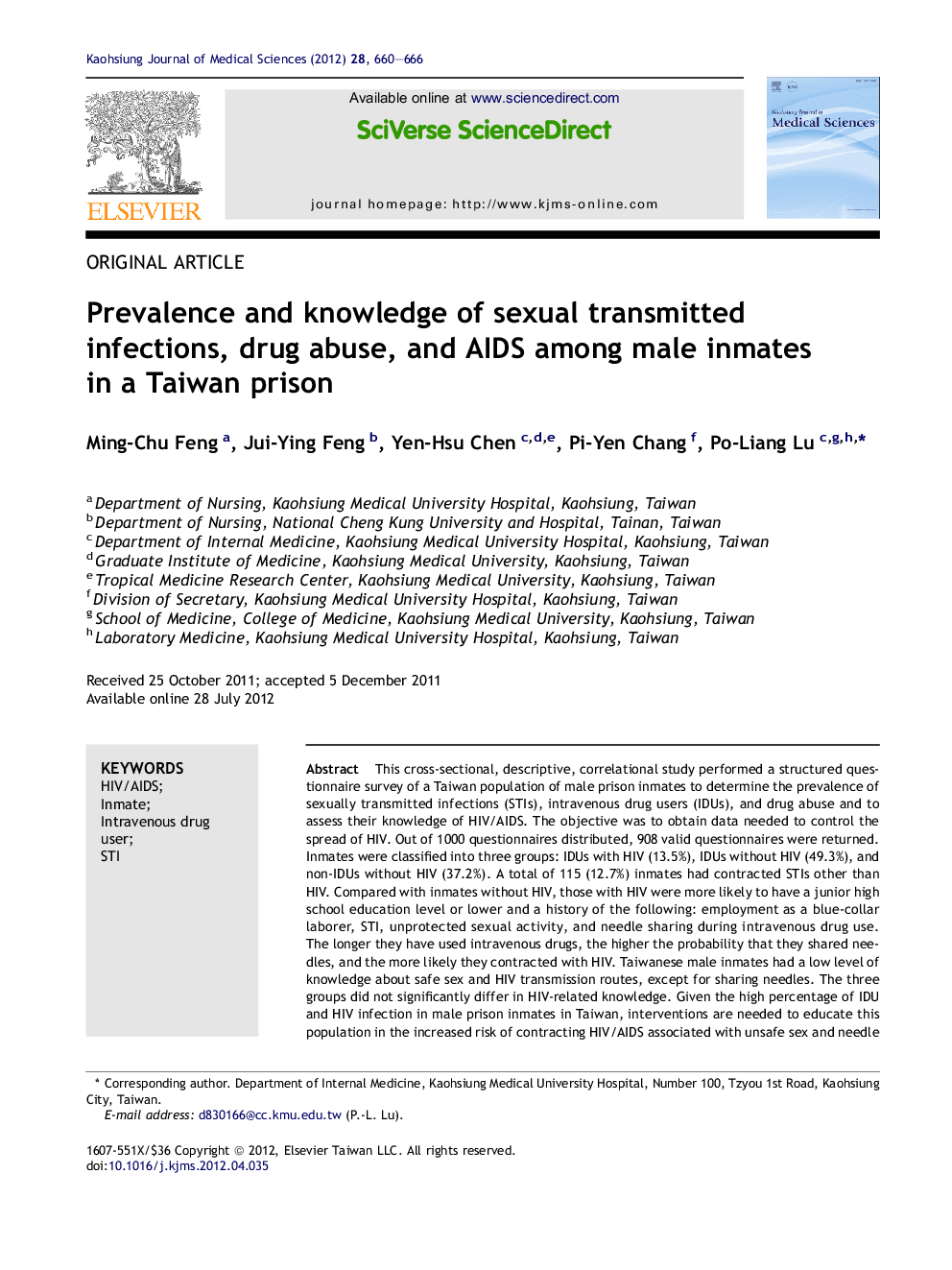 Prevalence and knowledge of sexual transmitted infections, drug abuse, and AIDS among male inmates in a Taiwan prison