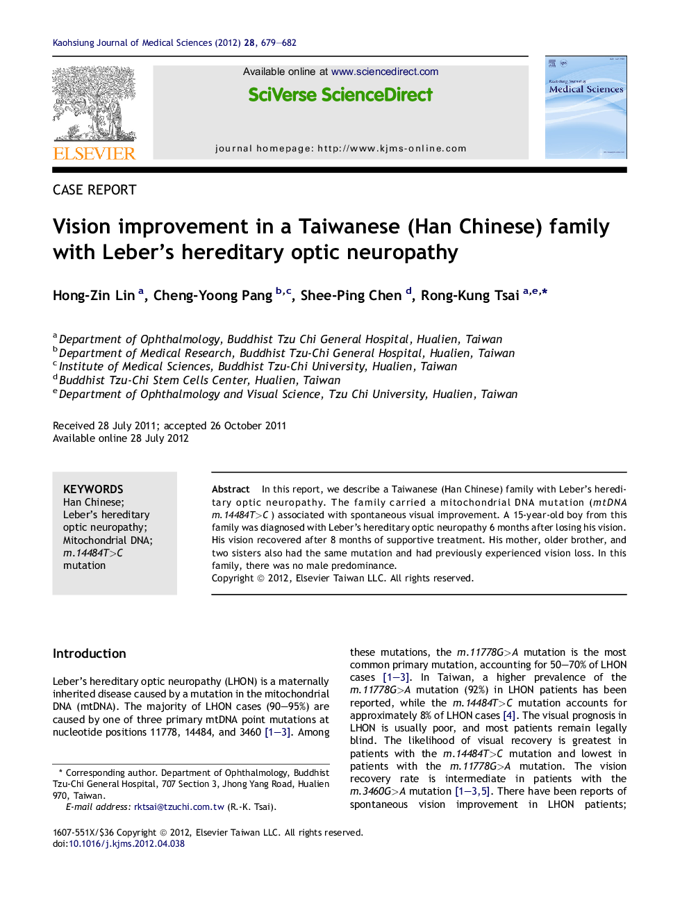 عکس صفحه اول مقاله: Vision improvement in a Taiwanese (Han Chinese) family with Leber's hereditary optic neuropathy Vision improvement in a Taiwanese (Han Chinese) family with Leber's hereditary optic neuropathy
