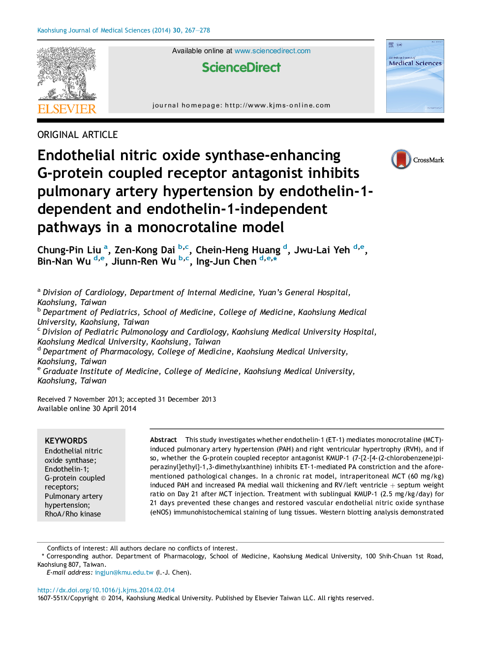 Endothelial nitric oxide synthase-enhancing G-protein coupled receptor antagonist inhibits pulmonary artery hypertension by endothelin-1-dependent and endothelin-1-independent pathways in a monocrotaline model 