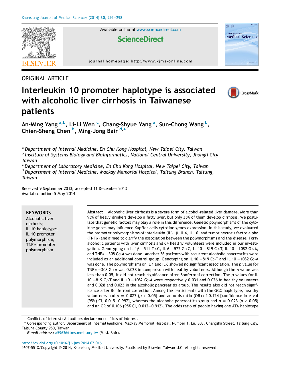 Interleukin 10 promoter haplotype is associated with alcoholic liver cirrhosis in Taiwanese patients 