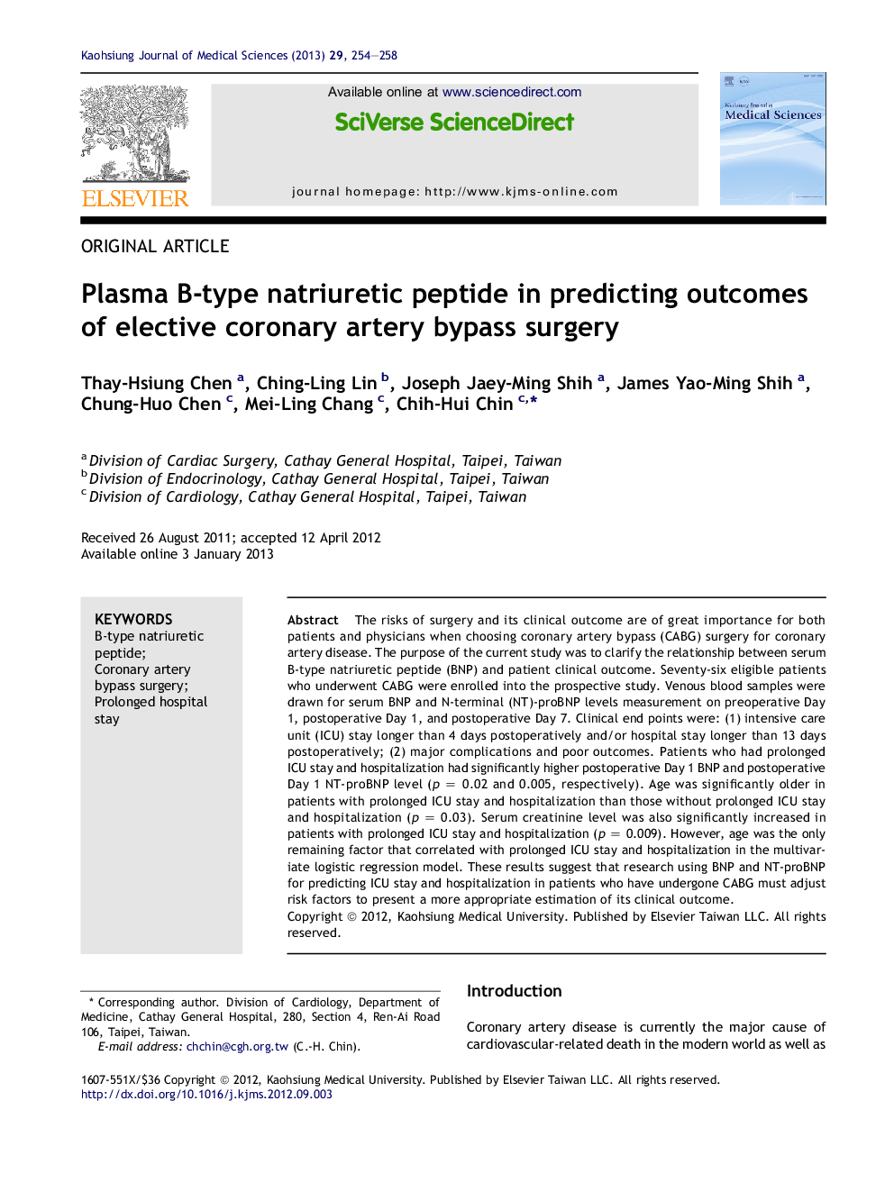 Plasma B-type natriuretic peptide in predicting outcomes of elective coronary artery bypass surgery