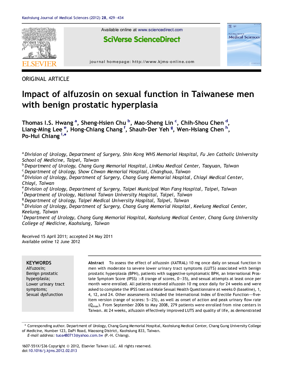 Impact of alfuzosin on sexual function in Taiwanese men with benign prostatic hyperplasia