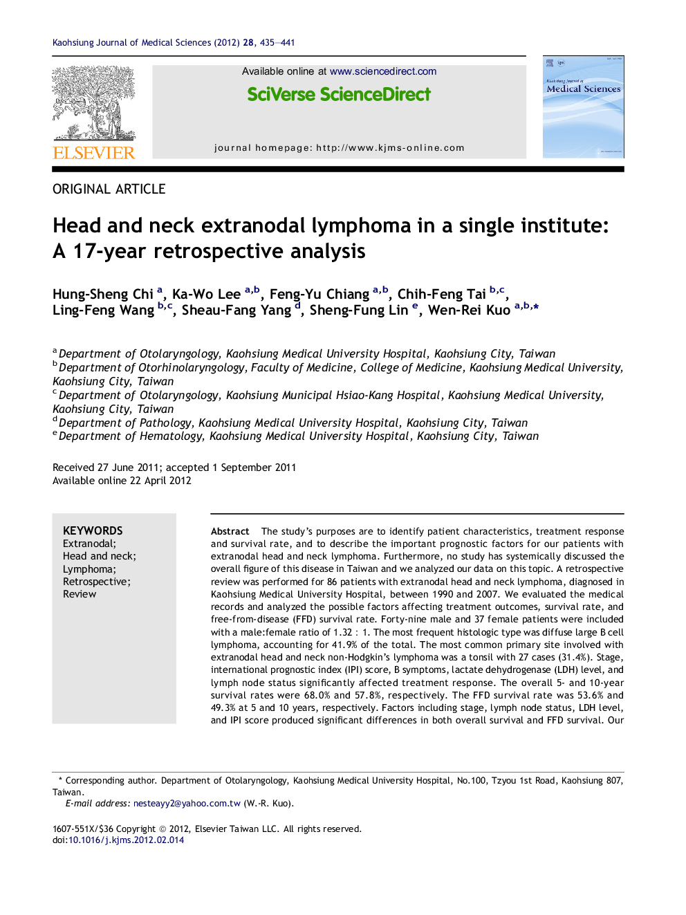 Head and neck extranodal lymphoma in a single institute: A 17-year retrospective analysis