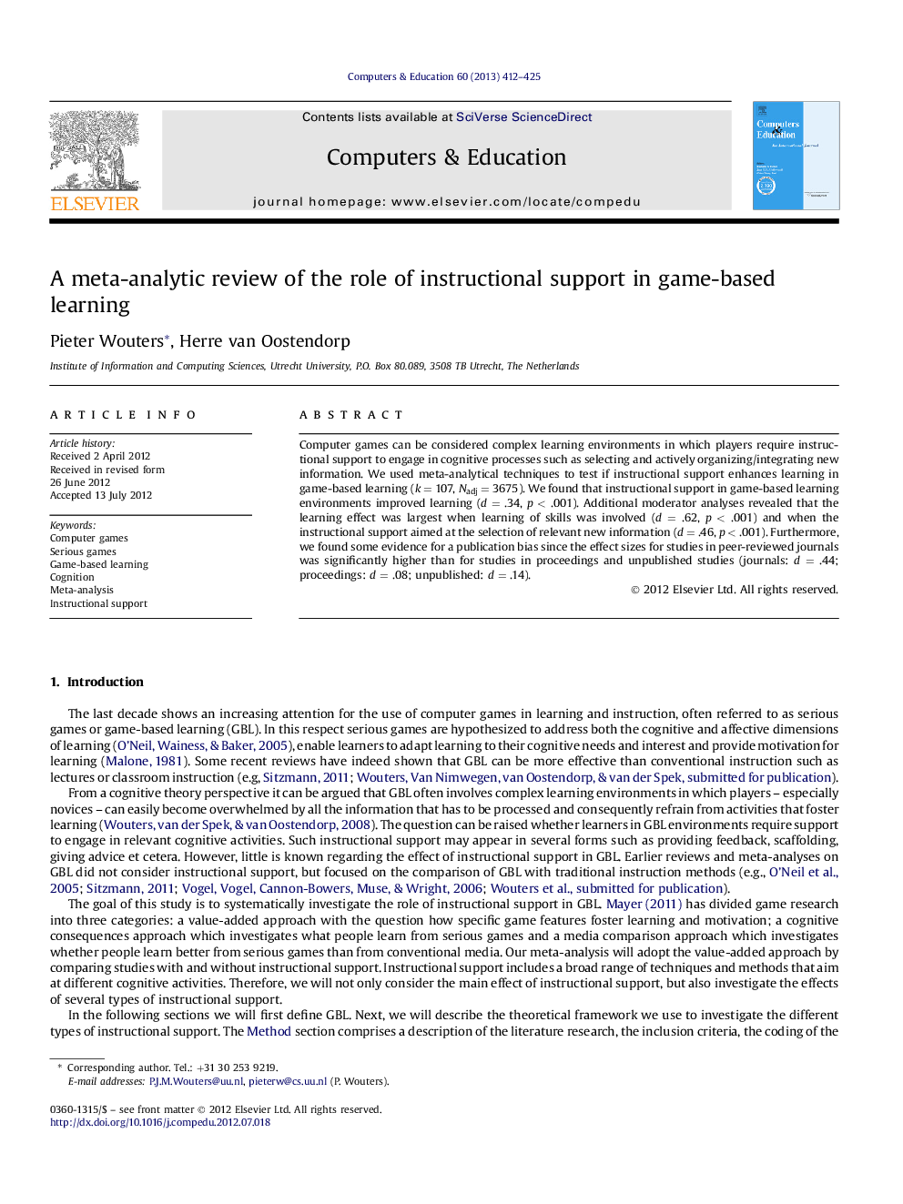 A meta-analytic review of the role of instructional support in game-based learning