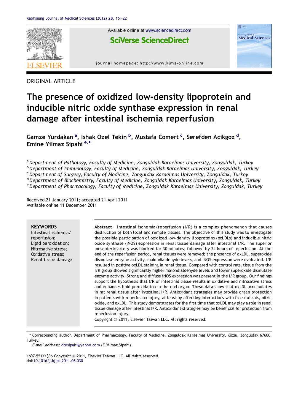 The presence of oxidized low-density lipoprotein and inducible nitric oxide synthase expression in renal damage after intestinal ischemia reperfusion