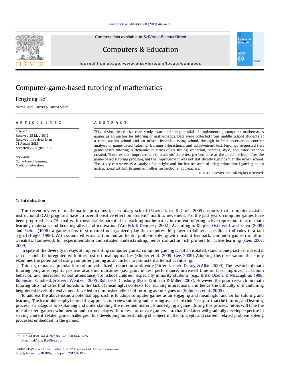 عکس صفحه اول مقاله: Computer-game-based tutoring of mathematics Computer-game-based tutoring of mathematics