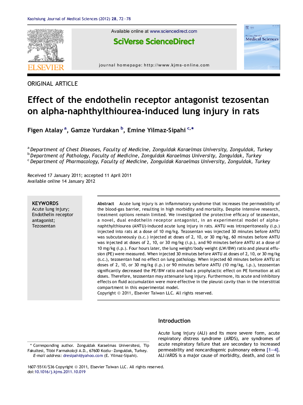 Effect of the endothelin receptor antagonist tezosentan on alpha-naphthylthiourea-induced lung injury in rats