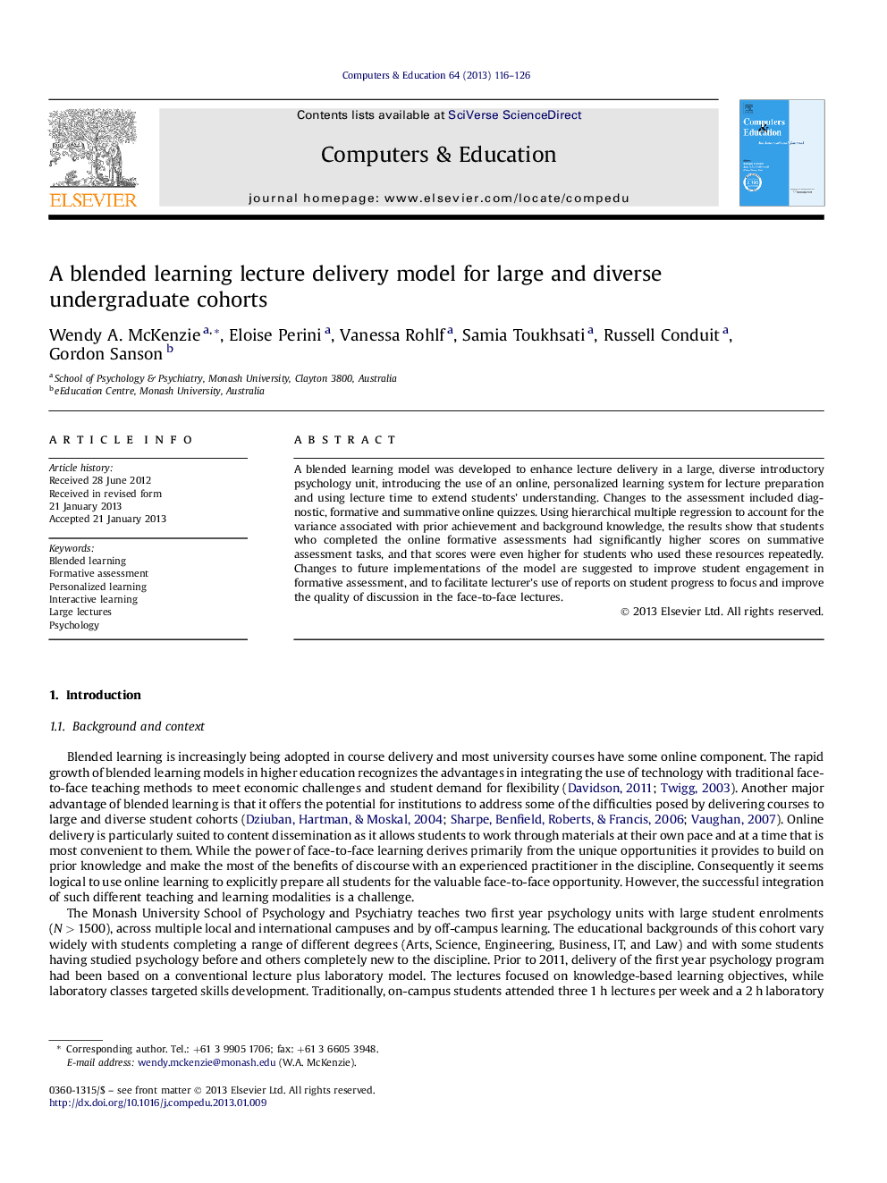 A blended learning lecture delivery model for large and diverse undergraduate cohorts