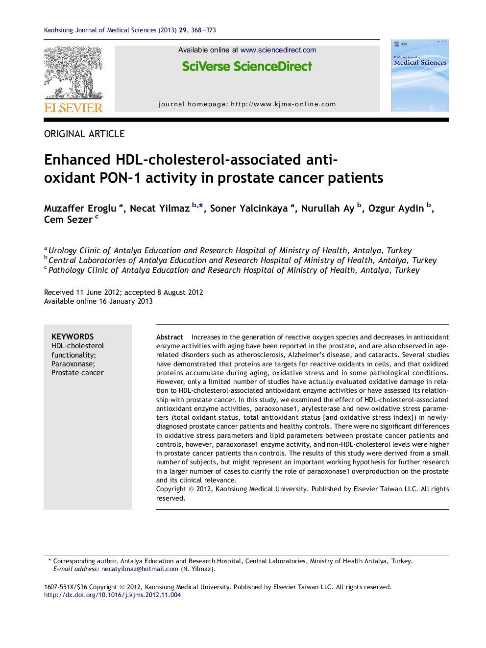 Enhanced HDL-cholesterol-associated anti-oxidant PON-1 activity in prostate cancer patients