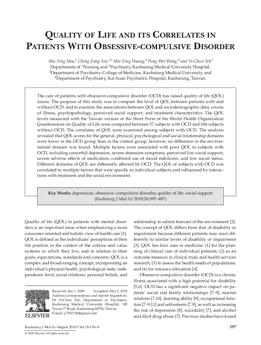 Quality of Life and its Correlates in Patients With Obsessive-compulsive Disorder