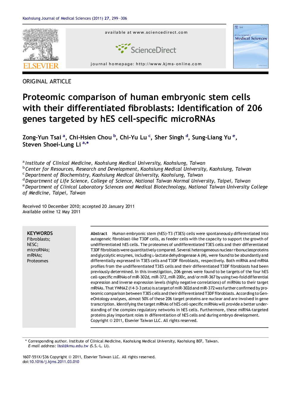 Proteomic comparison of human embryonic stem cells with their differentiated fibroblasts: Identification of 206 genes targeted by hES cell-specific microRNAs