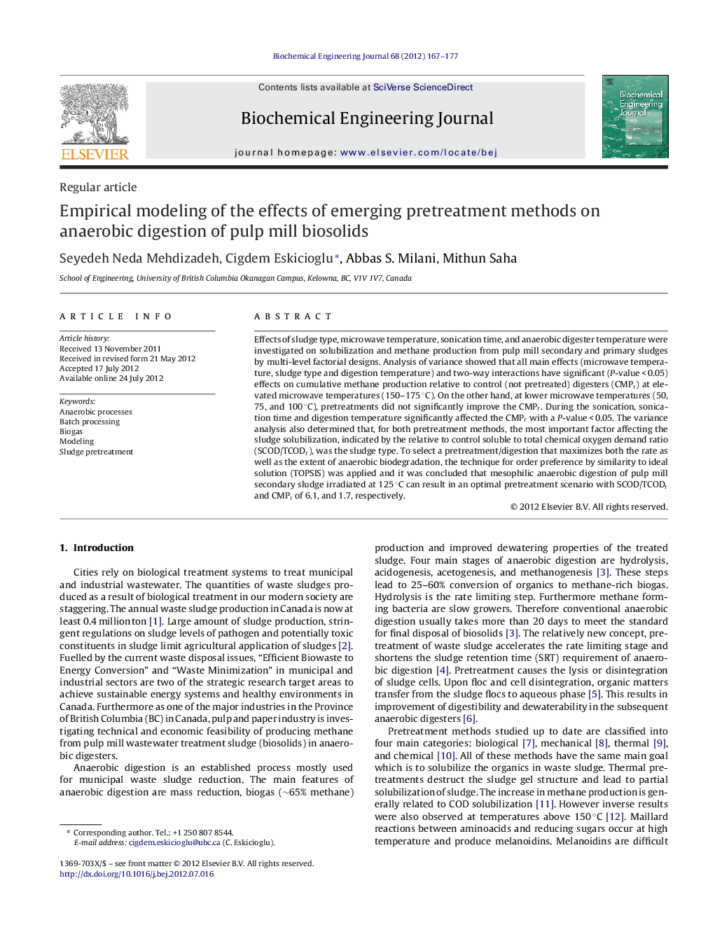 Empirical modeling of the effects of emerging pretreatment methods on anaerobic digestion of pulp mill biosolids