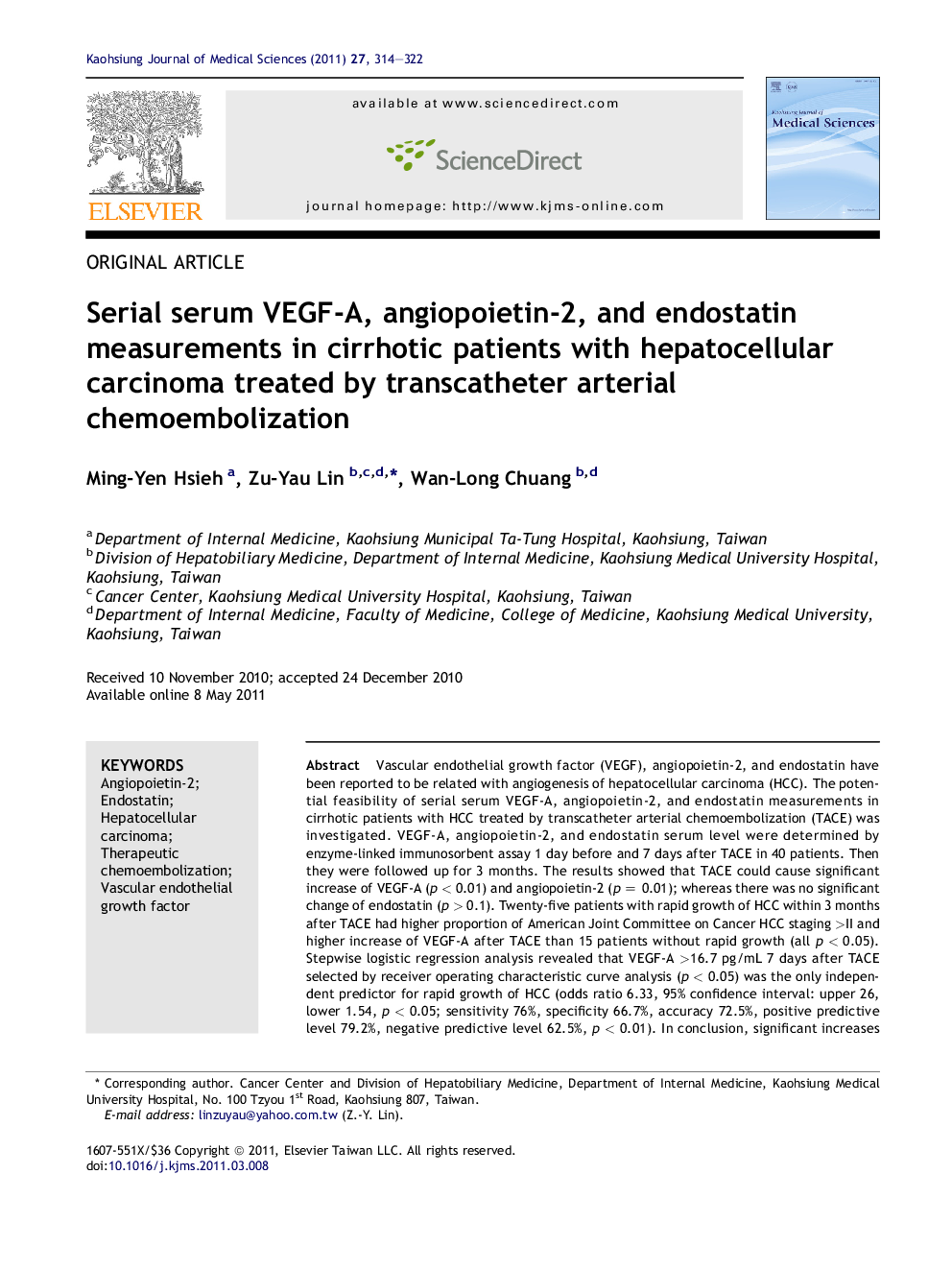 Serial serum VEGF-A, angiopoietin-2, and endostatin measurements in cirrhotic patients with hepatocellular carcinoma treated by transcatheter arterial chemoembolization
