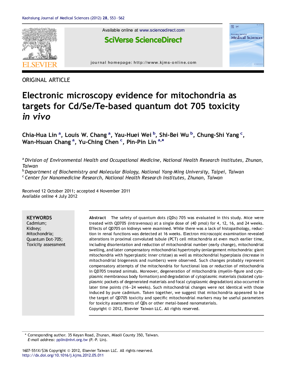 Electronic microscopy evidence for mitochondria as targets for Cd/Se/Te-based quantum dot 705 toxicity in vivo