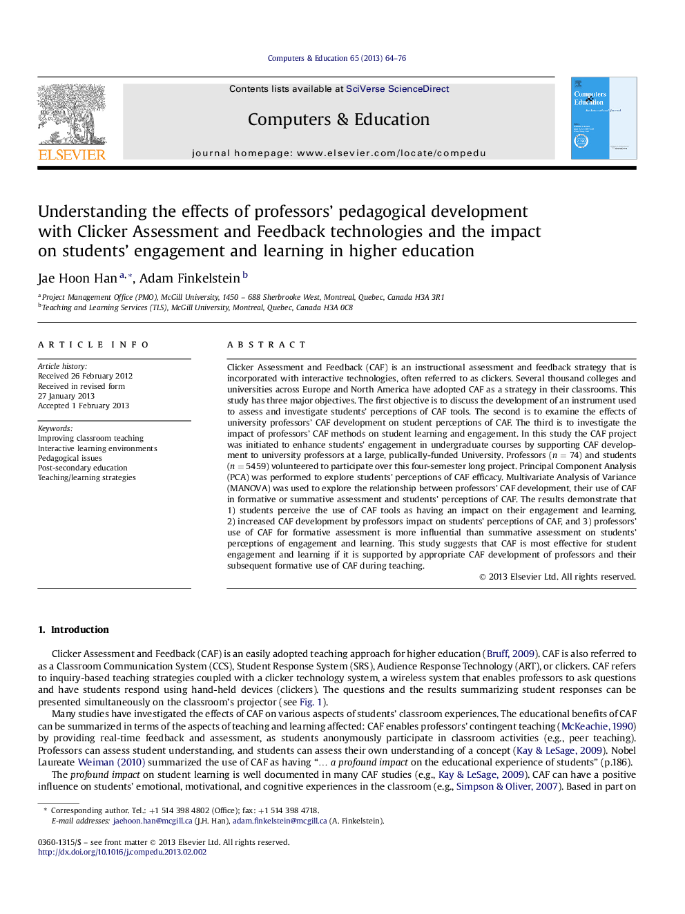 Understanding the effects of professors' pedagogical development with Clicker Assessment and Feedback technologies and the impact on students' engagement and learning in higher education