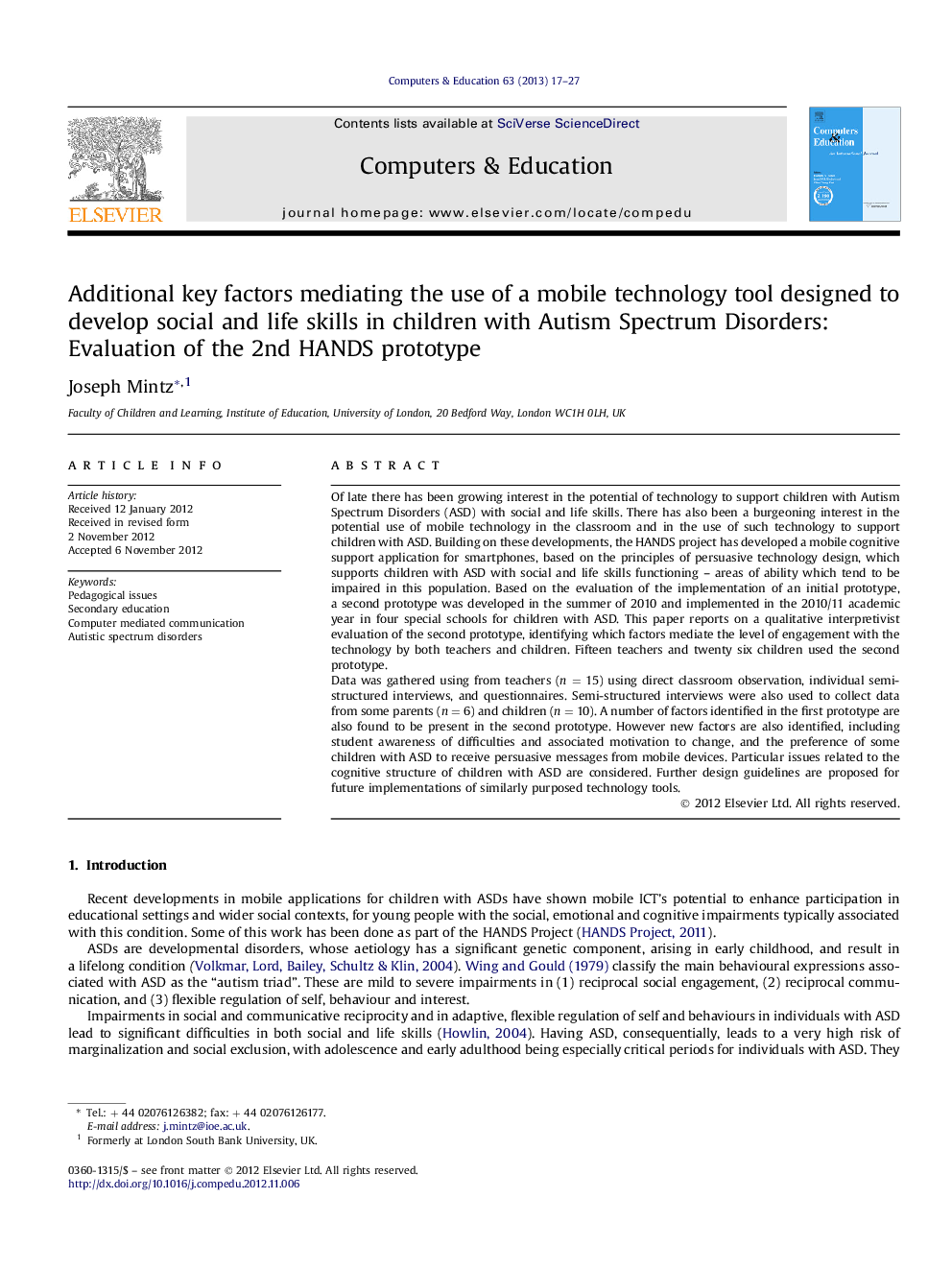 Additional key factors mediating the use of a mobile technology tool designed to develop social and life skills in children with Autism Spectrum Disorders: Evaluation of the 2nd HANDS prototype